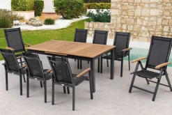 Best Garten-Essgruppe, ® anthrazit matt, Alu / Teak / Textil, Tisch 180/240 x 100cm, 6 Stapelsessel, 2 Klappstühle Garten-Essgruppen|Aluminium-Gartenmöbel