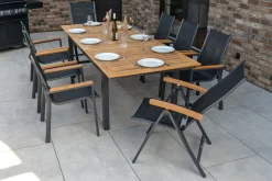Best Garten-Essgruppe, ® anthrazit matt, Alu / Teak / Textil, Tisch 180/240 x 100cm, 6 Stapelsessel, 2 Klappstühle Garten-Essgruppen|Aluminium-Gartenmöbel