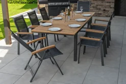 Best Garten-Essgruppe, ® anthrazit matt, Alu / Teak / Textil, Tisch 180/240 x 100cm, 6 Stapelsessel, 2 Klappstühle Garten-Essgruppen|Aluminium-Gartenmöbel