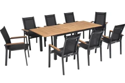 Garten-Essgruppe, ® anthrazit matt, Alu / Teak / Textil, Tisch 150/210x90cm, 8 Stapelsessel Garten-Essgruppen