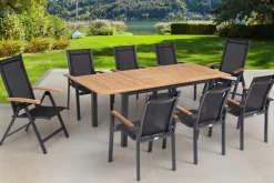Garten-Essgruppe, ® anthrazit matt, Alu / Teak / Textil, Tisch 150/210 x 90 cm, 6 Stapelsessel, 2 Klappstühle Garten-Essgruppen