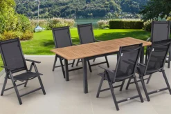 Best Garten-Essgruppe, ® anthrazit matt, Alu / Teak / Textil, Ausziehtisch 150/210 x 90 cm, 6 Klappstühle Garten-Essgruppen|Aluminium-Gartenmöbel