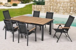 Best Garten-Essgruppe, ® anthrazit matt, Alu / Teak / Textil, Tisch 180/240 x 100cm, 4 Stapelsessel, 2 Klappstühle Garten-Essgruppen|Aluminium-Gartenmöbel