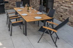 Best Garten-Essgruppe, ® anthrazit matt, Alu / Teak / Textil, Tisch 180/240 x 100cm, 4 Stapelsessel, 2 Klappstühle Garten-Essgruppen|Aluminium-Gartenmöbel