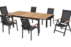 Best Garten-Essgruppe, ® anthrazit matt, Alu / Teak / Textil, Tisch 180/240 x 100cm, 4 Stapelsessel, 2 Klappstühle Garten-Essgruppen|Aluminium-Gartenmöbel