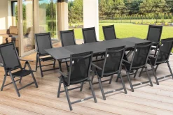 Outlet Garten-Essgruppe, ® anthrazit matt, Alu / Spraystone / Textil, Tisch 180/280x100cm, 10 Klappstühle Garten-Essgruppen