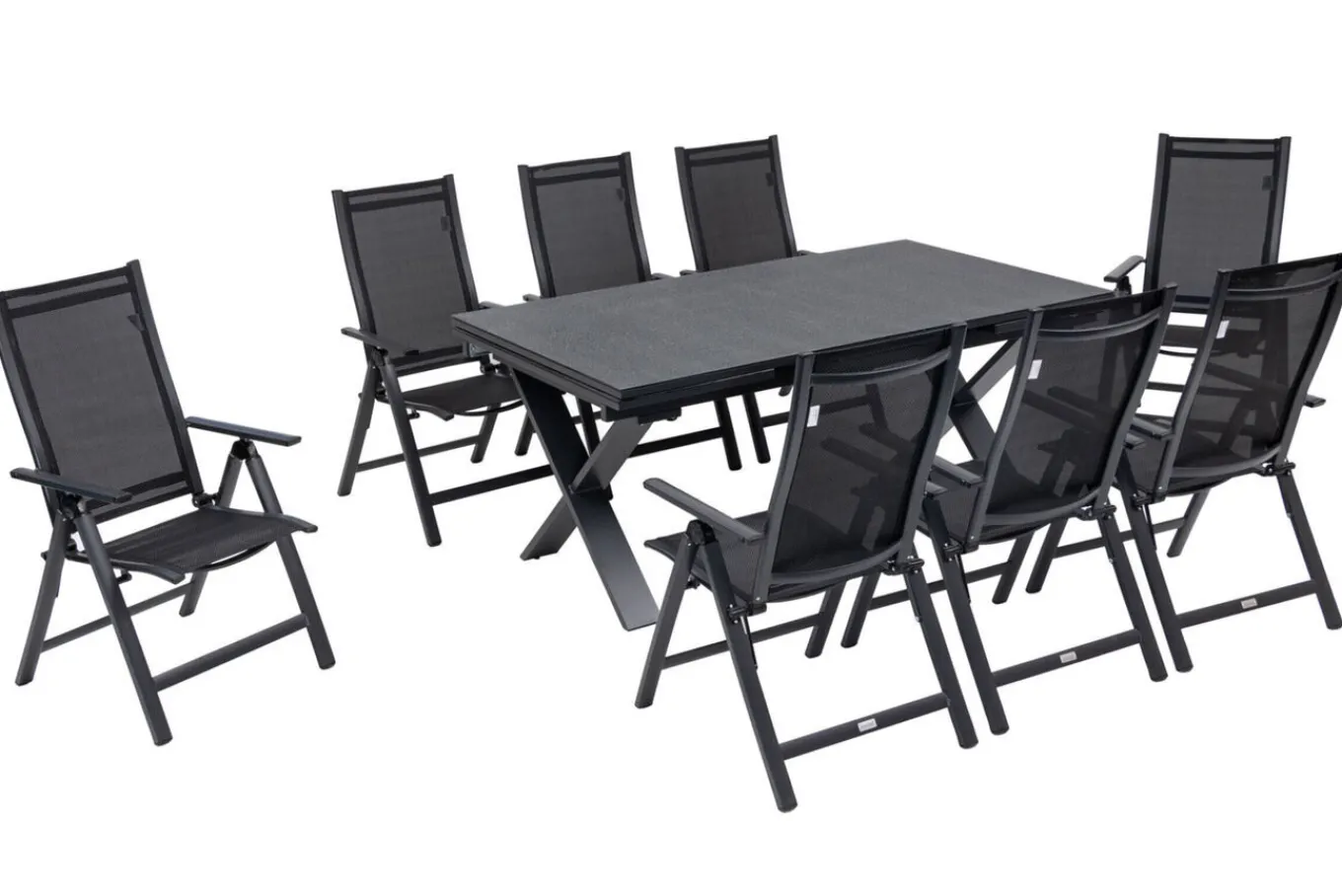 Discount Garten-Essgruppe, ® anthrazit matt, Alu / Spraystone / Textil, Tisch 180/280x100cm, 8 Klappstühle Garten-Essgruppen|Aluminium-Gartenmöbel