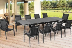 Garten-Essgruppe, ® anthrazit matt, Alu / Spraystone / Textil, Tisch 180/280x100cm, 10 Stapelsessel Garten-Essgruppen