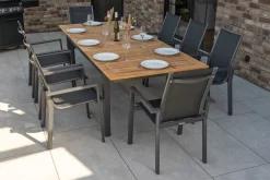Online Garten-Essgruppe, ® anthrazit matt, Alu / Teak / Textil, Ausziehtisch 180/240x100cm, 8 Stapelsessel Garten-Essgruppen