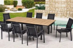 Online Garten-Essgruppe, ® anthrazit matt, Alu / Teak / Textil, Ausziehtisch 180/240x100cm, 8 Stapelsessel Garten-Essgruppen