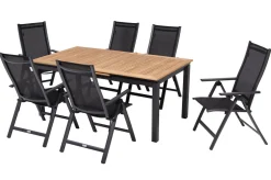 Outlet Garten-Essgruppe, ® anthrazit matt, Alu / Teak / Textil, Ausziehtisch 180/240 x 100cm, 6 Klappstühle Garten-Essgruppen