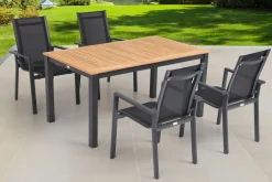 Garten-Essgruppe, ® anthrazit matt, Alu / Teak / Textil, Ausziehtisch 150/210x90cm, 4 Stapelsessel Garten-Essgruppen