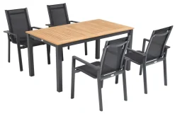 Garten-Essgruppe, ® anthrazit matt, Alu / Teak / Textil, Ausziehtisch 150/210x90cm, 4 Stapelsessel Garten-Essgruppen