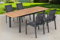 Garten-Essgruppe, ® anthrazit matt, Alu / Teak / Textil, Ausziehtisch 150/210x90cm, 4 Stapelsessel Garten-Essgruppen