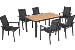 Hot Garten-Essgruppe, ® anthrazit matt, Alu / Teak / Textil, Ausziehtisch 150/210x90cm, 6 Stapelsessel Garten-Essgruppen|Aluminium-Gartenmöbel