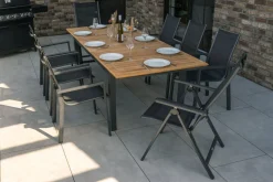 Online Garten-Essgruppe, ® anthrazit matt, Alu / Teak / Textil, Ausziehtisch 180/240 x 100cm, 6 Stapelsessel, 2 Klappstühle Garten-Essgruppen|Aluminium-Gartenmöbel
