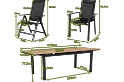 Online Garten-Essgruppe, ® anthrazit matt, Alu / Teak / Textil, Ausziehtisch 180/240 x 100cm, 6 Stapelsessel, 2 Klappstühle Garten-Essgruppen|Aluminium-Gartenmöbel