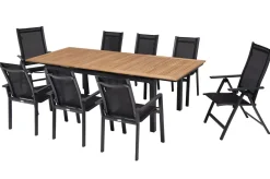 Online Garten-Essgruppe, ® anthrazit matt, Alu / Teak / Textil, Ausziehtisch 180/240 x 100cm, 6 Stapelsessel, 2 Klappstühle Garten-Essgruppen|Aluminium-Gartenmöbel