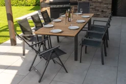 Online Garten-Essgruppe, ® anthrazit matt, Alu / Teak / Textil, Ausziehtisch 180/240 x 100cm, 6 Stapelsessel, 2 Klappstühle Garten-Essgruppen|Aluminium-Gartenmöbel