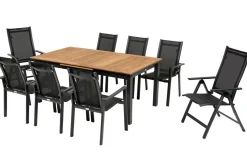 Online Garten-Essgruppe, ® anthrazit matt, Alu / Teak / Textil, Ausziehtisch 180/240 x 100cm, 6 Stapelsessel, 2 Klappstühle Garten-Essgruppen|Aluminium-Gartenmöbel