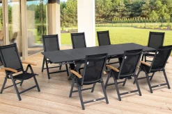 Hot Garten-Essgruppe, ® anthrazit matt, Alu / Spraystone / Teak, Tisch 180/280x100cm, 8 Klappstühle Garten-Essgruppen|Aluminium-Gartenmöbel