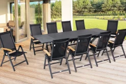 New Garten-Essgruppe, ® anthrazit matt, Alu / Spraystone / Teak, Tisch 180/280x100cm, 10 Klappstühle Garten-Essgruppen