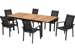 Clearance Garten-Essgruppe, ® anthrazit matt, Alu / Teak / Textil, Ausziehtisch 180/240x100cm, 6 Stapelsessel Garten-Essgruppen|Aluminium-Gartenmöbel