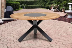 Garten-Essgruppe, ® anthrazit matt, Alu / Teak / Textil, Esstisch Ø 150 cm, 5 Klappstühle Garten-Essgruppen|Aluminium-Gartenmöbel