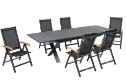 Online Garten-Essgruppe, ® anthrazit matt, Alu / Spraystone / Teak, Tisch 180/280x100cm, 6 Klappstühle Garten-Essgruppen