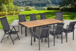 Clearance Garten-Essgruppe, ® anthrazit matt, Alu / Teak / Textil, Ausziehtisch 150/210 x 90 cm, 6 Stapelsessel, 2 Klappstühle Garten-Essgruppen|Aluminium-Gartenmöbel