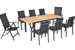 Clearance Garten-Essgruppe, ® anthrazit matt, Alu / Teak / Textil, Ausziehtisch 150/210 x 90 cm, 6 Stapelsessel, 2 Klappstühle Garten-Essgruppen|Aluminium-Gartenmöbel