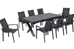 Clearance Garten-Essgruppe, ® anthrazit matt, Alu / Spraystone / Textil, Tisch 180/280x100cm, 8 Stapelsessel Garten-Essgruppen|Aluminium-Gartenmöbel
