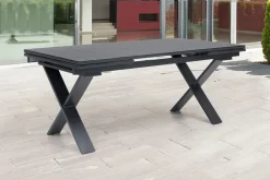 Online Garten-Essgruppe, ® anthrazit matt, Alu / Spraystone / Teak, Tisch 180/280x100cm, 10 Stapelsessel Garten-Essgruppen