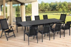 Sale Garten-Essgruppe, ® anthrazit matt, Alu / Spraystone / Textil, Tisch 180/280 x 100 cm, 8 Stapelsessel, 2 Klappstühle Garten-Essgruppen