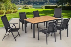 Hot Garten-Essgruppe, ® anthrazit matt, Alu / Teak / Textil, Ausziehtisch 150/210 x 90 cm, 4 Stapelsessel, 2 Klappstühle Garten-Essgruppen