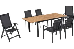 Hot Garten-Essgruppe, ® anthrazit matt, Alu / Teak / Textil, Ausziehtisch 150/210 x 90 cm, 4 Stapelsessel, 2 Klappstühle Garten-Essgruppen