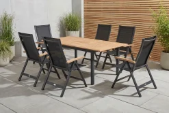 New Garten-Essgruppe, ® anthrazit matt, Alu / Teak / Textil, Tisch 150/210x90cm, 6 Klappstühle Garten-Essgruppen