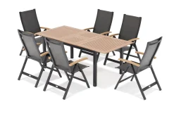 New Garten-Essgruppe, ® anthrazit matt, Alu / Teak / Textil, Tisch 150/210x90cm, 6 Klappstühle Garten-Essgruppen