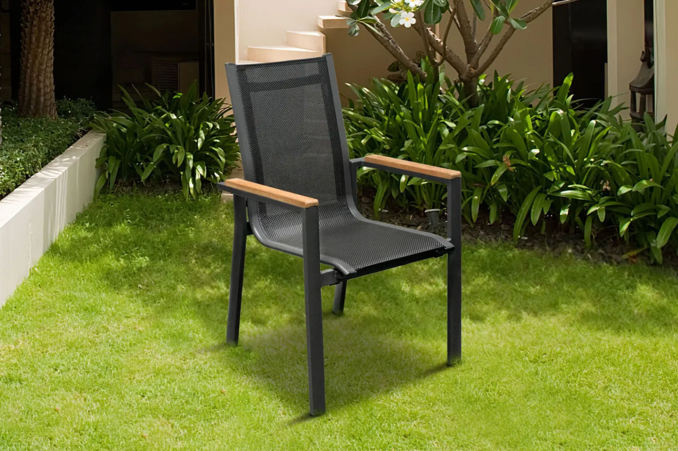 Online Garten-Essgruppe, ® anthrazit matt, Alu / Spraystone / Teak, Tisch 180/280x100cm, 8 Stapelsessel Garten-Essgruppen|Aluminium-Gartenmöbel