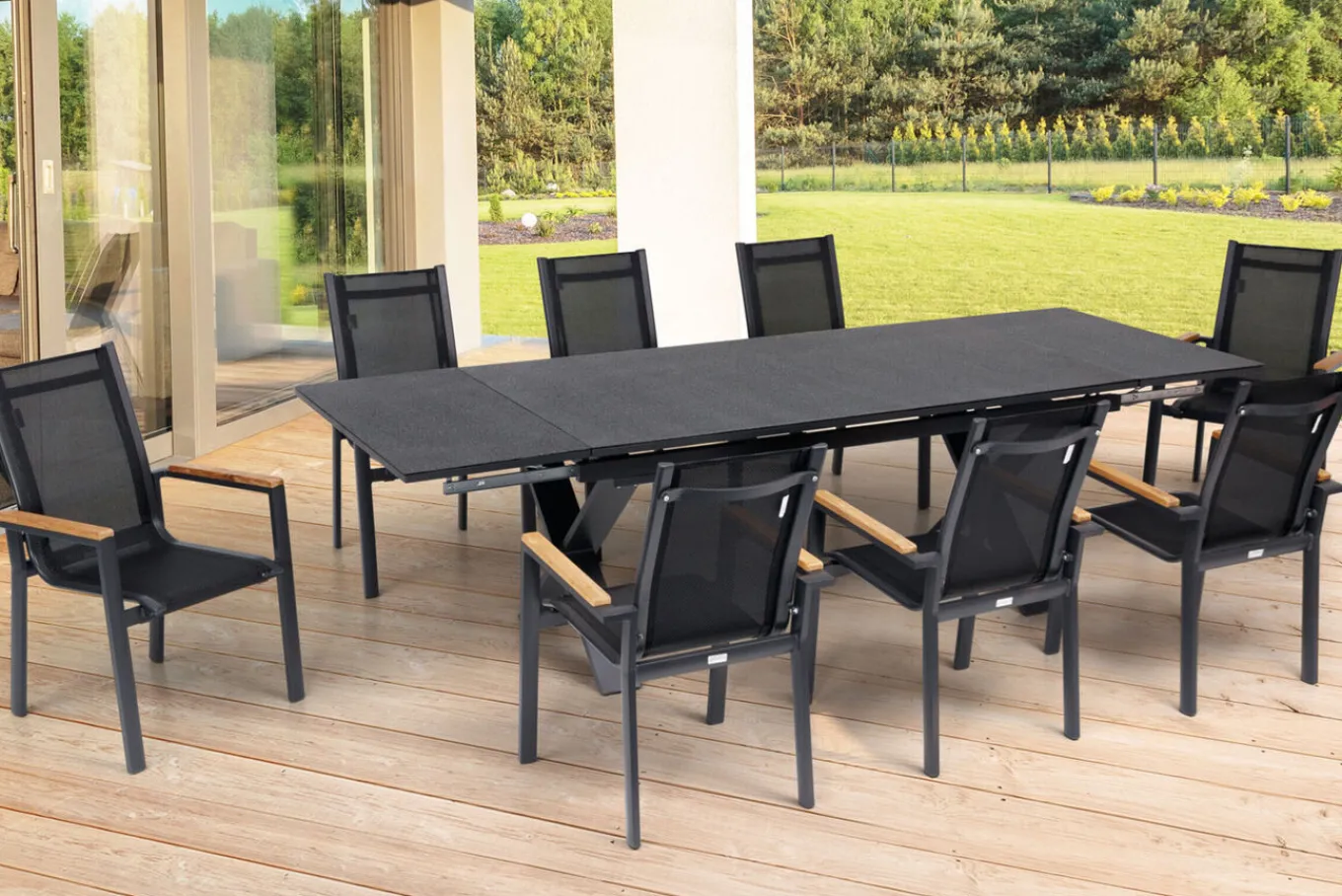 Online Garten-Essgruppe, ® anthrazit matt, Alu / Spraystone / Teak, Tisch 180/280x100cm, 8 Stapelsessel Garten-Essgruppen|Aluminium-Gartenmöbel
