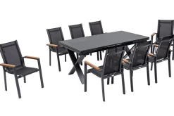 Online Garten-Essgruppe, ® anthrazit matt, Alu / Spraystone / Teak, Tisch 180/280x100cm, 8 Stapelsessel Garten-Essgruppen|Aluminium-Gartenmöbel