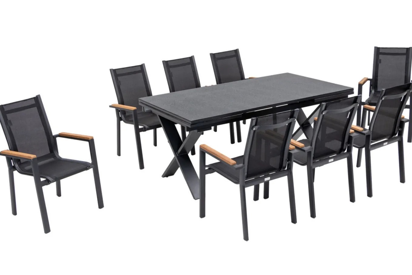 Online Garten-Essgruppe, ® anthrazit matt, Alu / Spraystone / Teak, Tisch 180/280x100cm, 8 Stapelsessel Garten-Essgruppen|Aluminium-Gartenmöbel