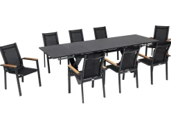 Online Garten-Essgruppe, ® anthrazit matt, Alu / Spraystone / Teak, Tisch 180/280x100cm, 8 Stapelsessel Garten-Essgruppen|Aluminium-Gartenmöbel