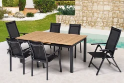 Best Garten-Essgruppe, ® anthrazit matt, Alu / Teak / Textil, Ausziehtisch 180/240 x 100cm, 4 Stapelsessel, 2 Klappstühle Garten-Essgruppen