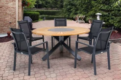 Online Garten-Essgruppe, ® anthrazit matt, Alu / Teak / Textil, Esstisch Ø 150 cm, 5 Stapelsessel Garten-Essgruppen