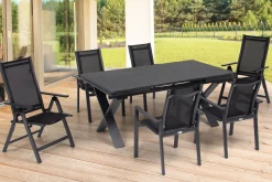 Discount Garten-Essgruppe, ® anthrazit matt, Alu / Spraystone / Textil, Tisch 180/280 x 100 cm, 4 Stapelsessel, 2 Klappstühle Garten-Essgruppen