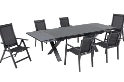 Discount Garten-Essgruppe, ® anthrazit matt, Alu / Spraystone / Textil, Tisch 180/280 x 100 cm, 4 Stapelsessel, 2 Klappstühle Garten-Essgruppen