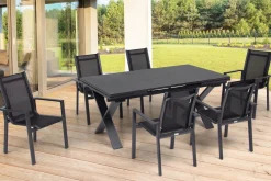 Garten-Essgruppe, ® anthrazit matt, Alu / Spraystone / Textil, Tisch 180/280x100cm, 6 Stapelsessel Garten-Essgruppen