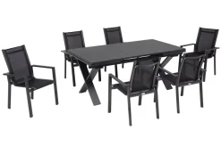 Garten-Essgruppe, ® anthrazit matt, Alu / Spraystone / Textil, Tisch 180/280x100cm, 6 Stapelsessel Garten-Essgruppen