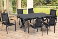 Sale Garten-Essgruppe, ® anthrazit matt, Alu / Spraystone / Teak, Tisch 180/280x100cm, 6 Stapelsessel Garten-Essgruppen